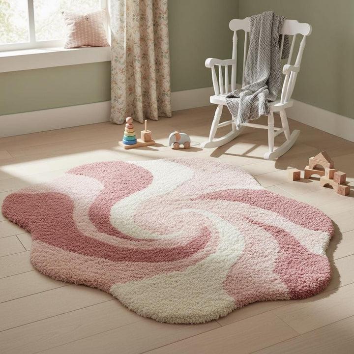 Translation missing: en.Boho style pink shag area rug with soft texture and artistic swirl pattern on wood flooring