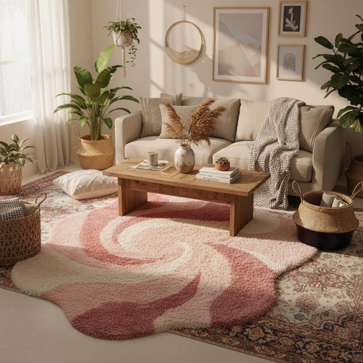 Translation missing: en.Cozy pink abstract floor rug with high pile texture placed between modern lounge chairs