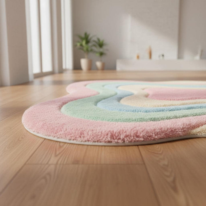 Translation missing: es.Wavy pastel shag rug with soft plush texture and abstract boho design in pink, green, blue, and cream colors