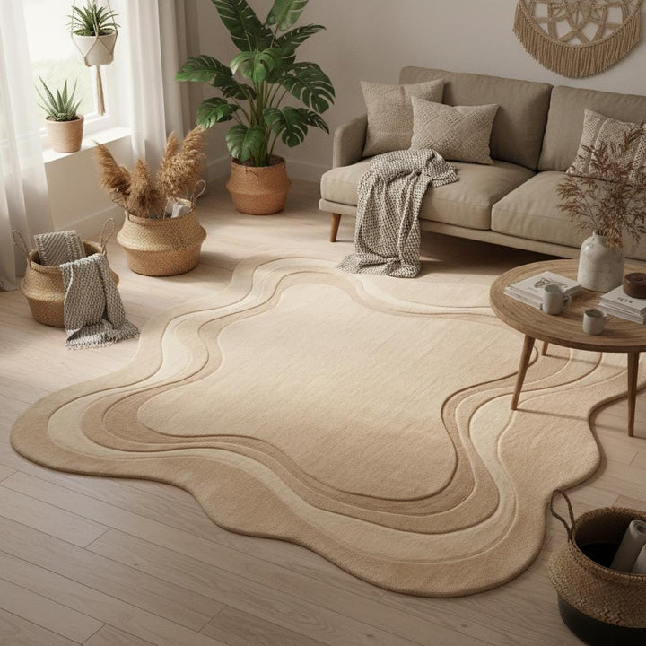 Translation missing: en.Sculptural minimalist floor rug styled in Japandi interior with natural wood furniture and plants