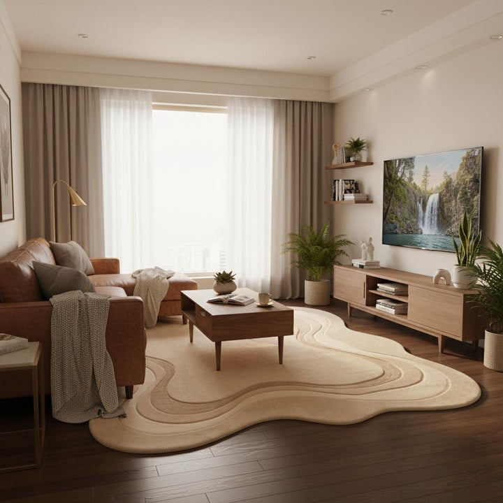 Translation missing: en.Neutral modern living room rug designed with flowing edges and soft wool texture