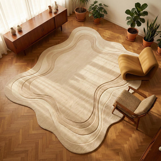 Translation missing: es.Hand tufted organic irregular shaped wool rug in a minimalist living room with neutral tones