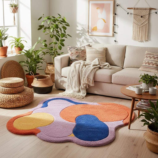 Translation missing: es.Soft plush abstract rug used as a statement piece in a cozy contemporary home interior