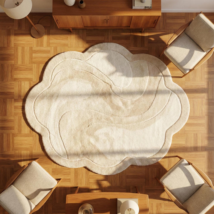 Translation missing: en.Neutral organic cloud area rug with soft plush texture and sculptural abstract design for modern living room or nursery decor