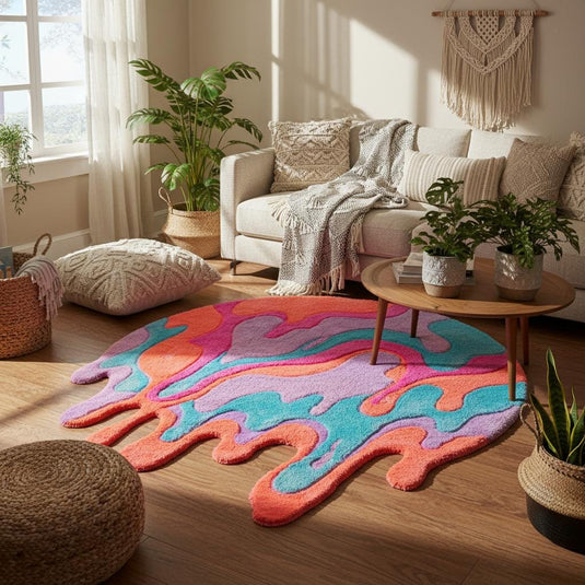 Translation missing: es.Abstract round shag rug with colorful melting drip design and plush shag texture