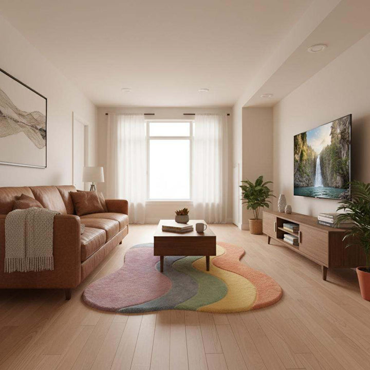 Translation missing: en.Pastel wavy rug with plush shag fibers and pastel rainbow colors in boho style carpet design