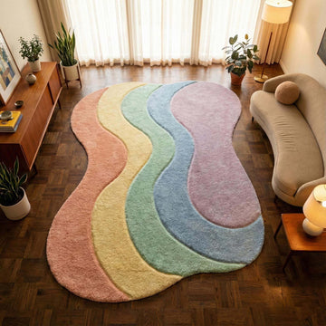 Translation missing: fr.Pastel wavy rug with plush shag fibers and abstract curved design in pastel rainbow colors for boho style decor