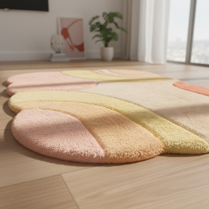 Translation missing: es.Modern abstract area rug in blush pink, cream, and soft yellow tones, adding artistic warmth to a stylish living room