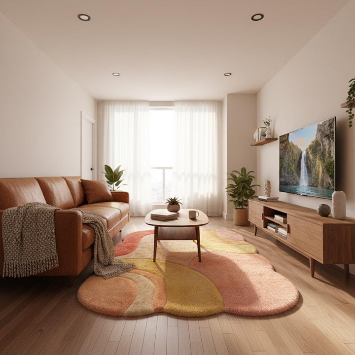 Translation missing: es.Boho modern plush rug with free-form silhouette and pastel color blocking, ideal for bedroom or creative studio decor