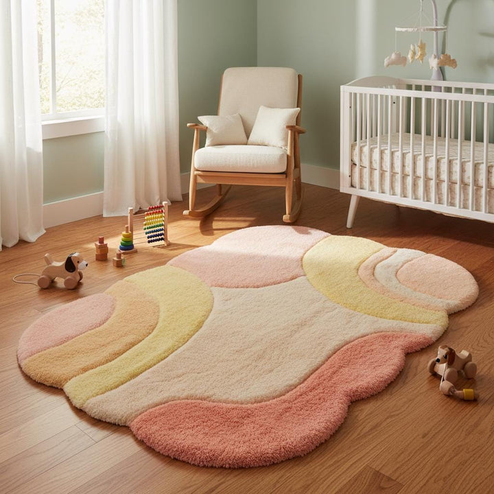 Translation missing: es.Soft tufted abstract floor rug with organic design and warm neutral pastels, styled in a contemporary home setting