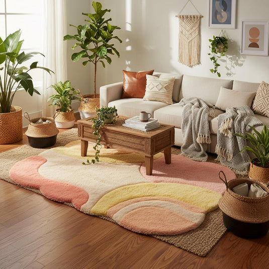 Translation missing: es.Organic shape pastel rug with curved lines and cozy texture, used as a statement floor piece in a warm minimalist home interior