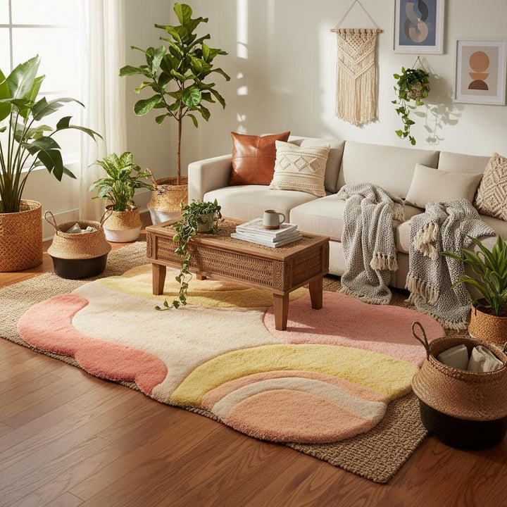 Translation missing: es.Organic shape pastel rug with curved lines and cozy texture, used as a statement floor piece in a warm minimalist home interior