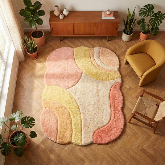Translation missing: es.Abstract boho area rug with organic shape and plush pastel colors for cozy stylish decor