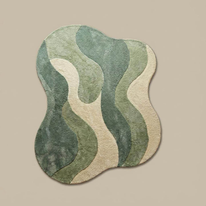 Translation missing: es.Modern green abstract rug with wavy organic design, soft tufted texture on wood flooring