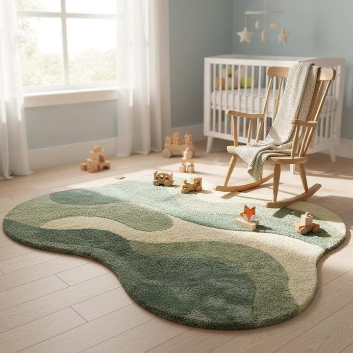 Translation missing: es.Organic shape area rug in sage green with abstract plush design for modern living rooms and bedrooms