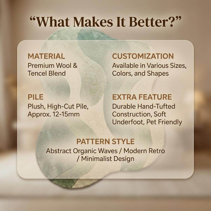 Translation missing: es.Organic shape sage green area rug with abstract plush design for modern living room and bedroom decor