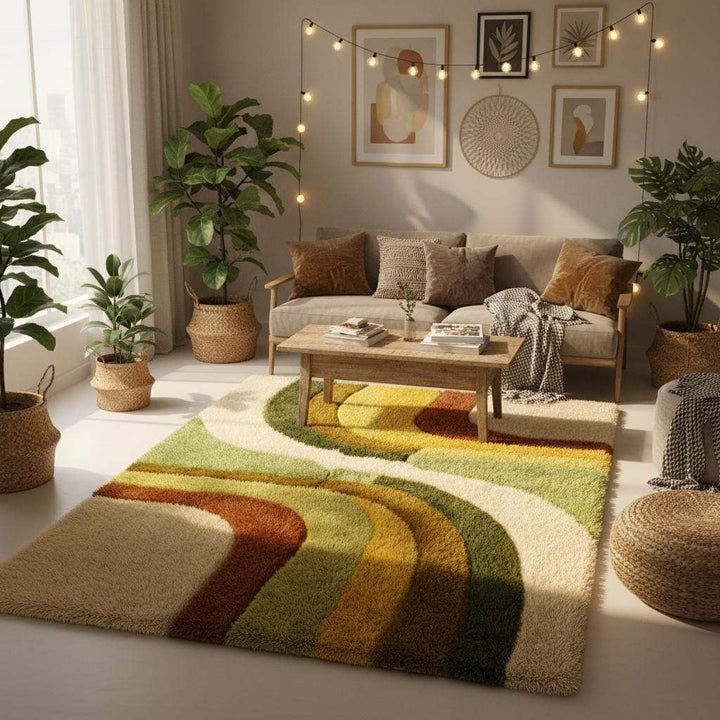 Translation missing: en.Plush shag area rug with retro 70s inspired design, perfect for boho living room or bedroom decor