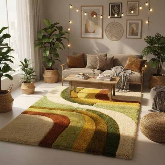 Translation missing: es.Plush shag area rug with retro 70s inspired design, perfect for boho living room or bedroom decor