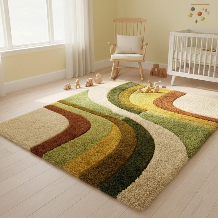 Translation missing: en.Statement retro modern rug adding texture and warmth to minimalist living space with plants and natural light
