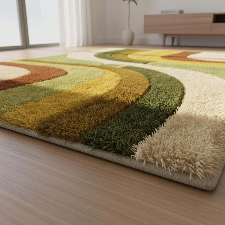 Translation missing: en.Retro boho area rug with plush shag texture and earth tone abstract wavy pattern