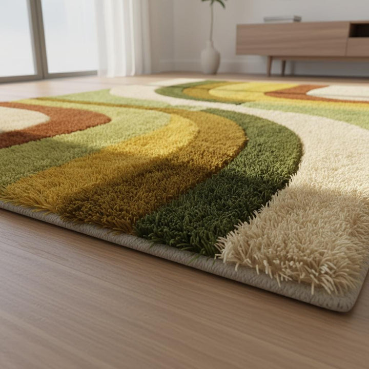 Translation missing: en.Retro Boho Area Rug with soft shag texture and earth tone wavy pattern for modern boho decor