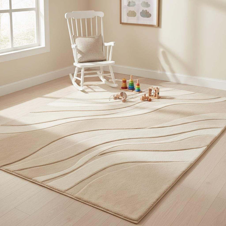 Translation missing: en.Minimalist beige area rug with flowing abstract wave pattern, ideal for modern living room or bedroom decor
