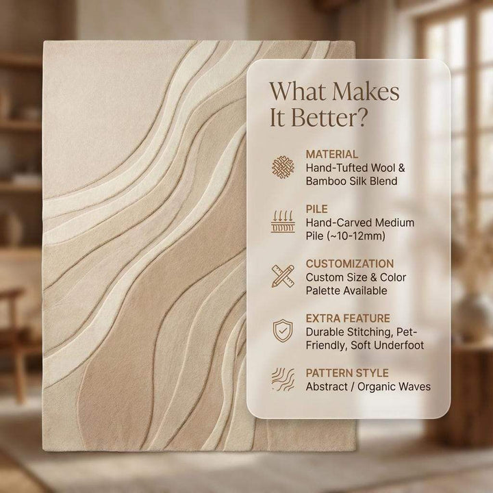 Translation missing: en.Modern neutral area rug with soft plush pile and carved wave texture in beige for minimalist and Scandinavian decor