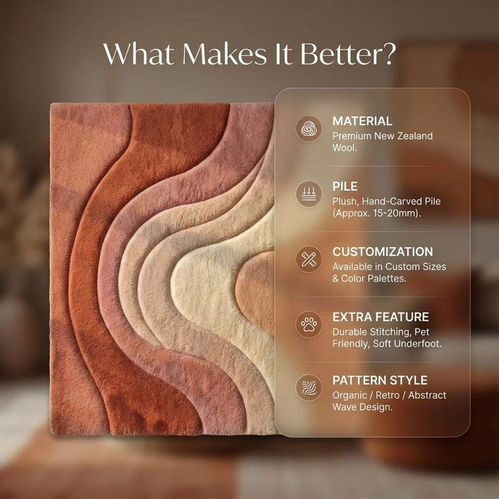 Translation missing: es.Modern boho area rug with sculpted abstract wave pattern in earth tones for living room and bedroom decor