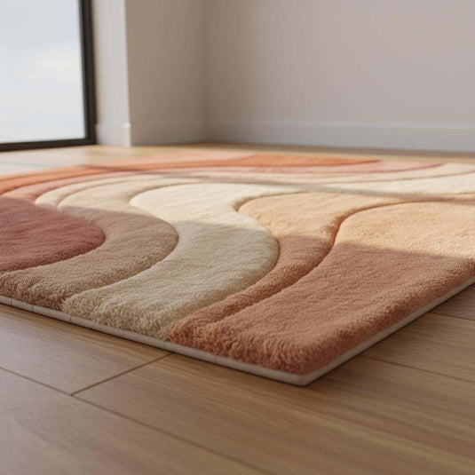 Translation missing: es.Boho area rug with modern abstract wave design in earth tones and plush texture