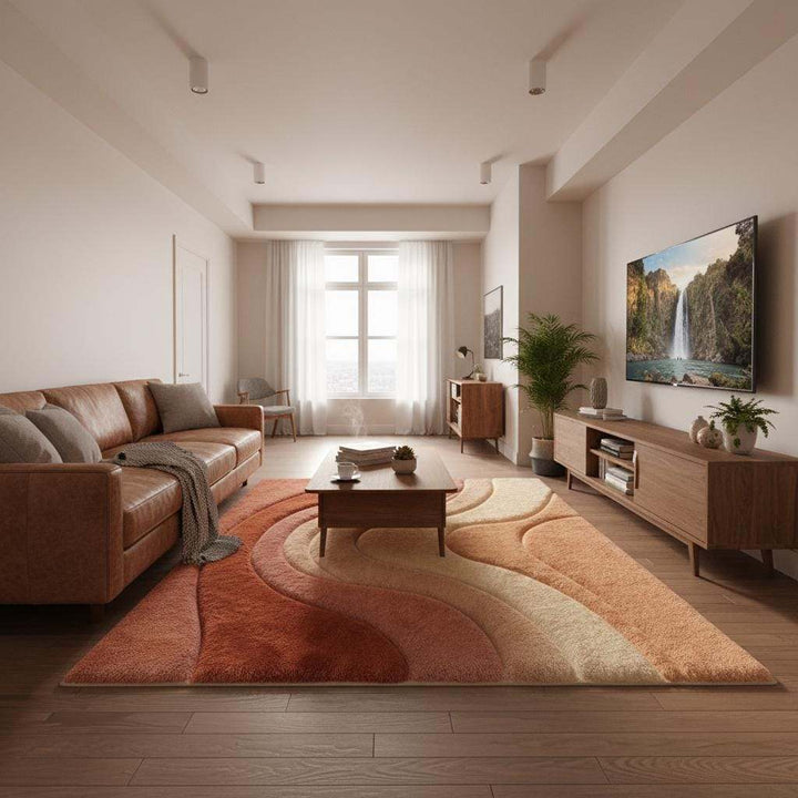 Translation missing: en.Plush abstract area rug featuring curved wave patterns in terracotta, blush, and cream tones
