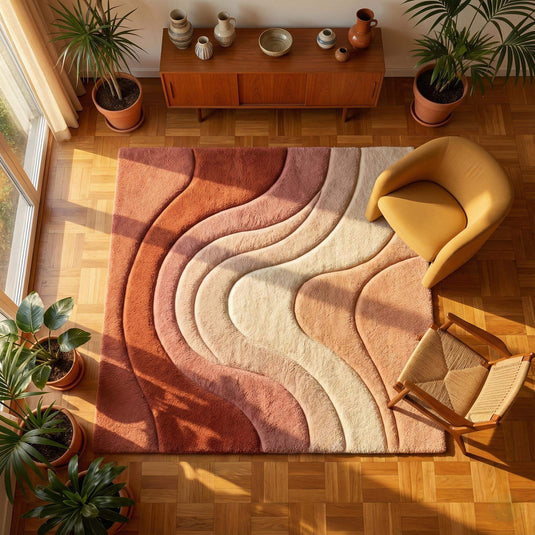 Translation missing: es.Modern boho area rug with abstract wave design in earth tones, soft plush carpet for living room and bedroom decor