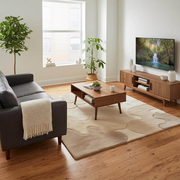 Translation missing: es.Soft modern living room rug in warm neutral tones with sculpted abstract design