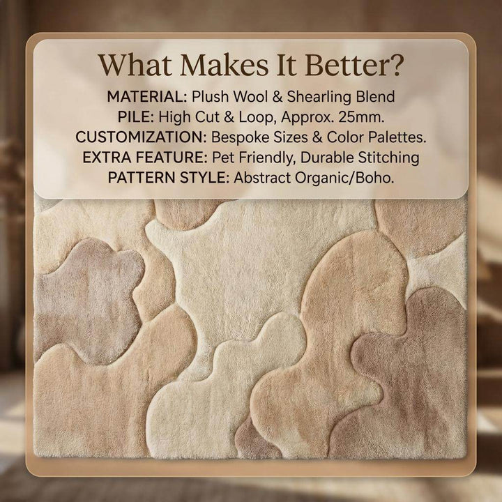 Translation missing: es.Organic area rug with plush high pile and sculpted pattern in neutral beige tones for Scandinavian Japandi living rooms