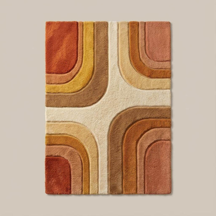 Translation missing: en.Top-down flat lay view of a modern geometric area rug with symmetrical curved lines and retro inspired design in neutral and warm tones, clearly showing full pattern layout, shape, and color variation