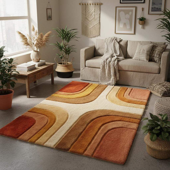 Translation missing: en.Modern area rug placed in a stylish living room with wood flooring and mid century decor, adding warmth and texture with its abstract curved design and earthy color palette that complements neutral furniture