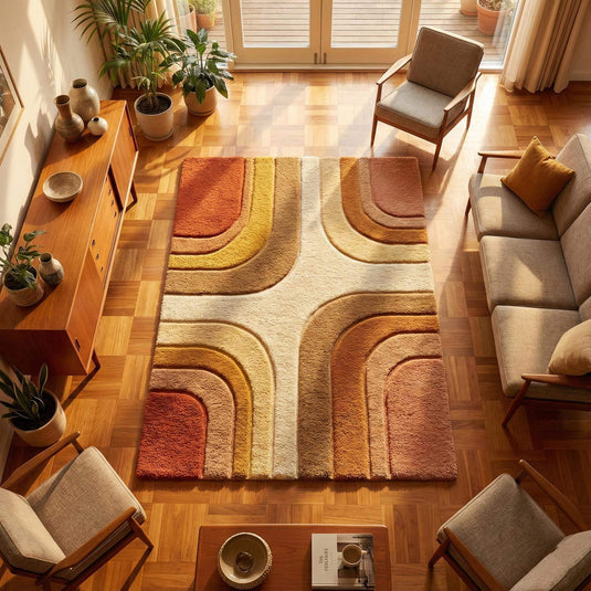 Translation missing: en.Mid century modern rug with retro geometric pattern in earth tones, plush shag carpet for cozy boho decor