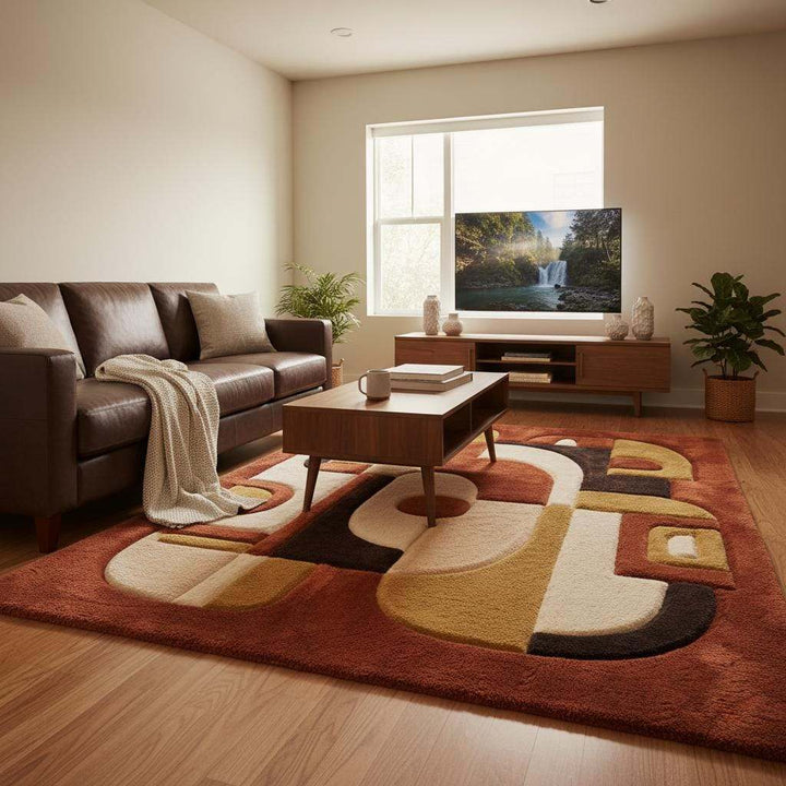 Translation missing: en.Detail view of rug edge and pattern showing curved geometric design, clean borders, and textured surface to help understand proportions and finish