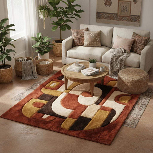 Translation missing: en.Abstract modern area rug placed in a cozy living room setting with natural light, wooden floors, and plants, complementing mid century modern home decor