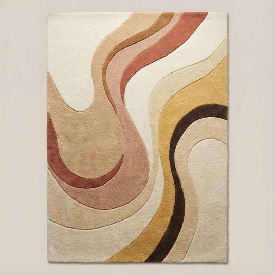 Translation missing: es.Top-down view of modern abstract area rug displaying full organic pattern, curved lines, earth tone color palette, and clean rectangular shape