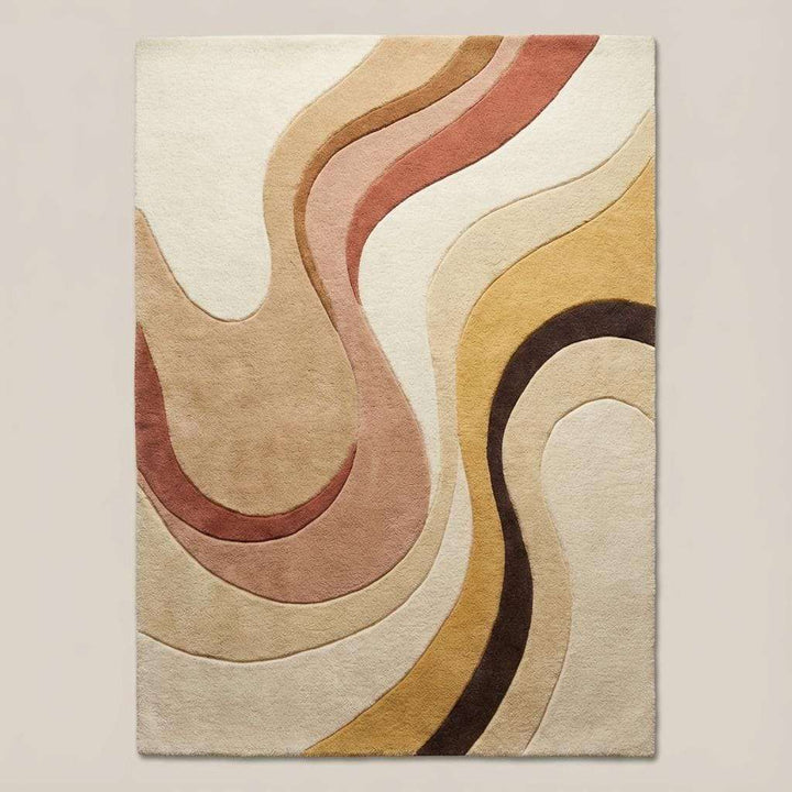 Translation missing: es.Top-down view of modern abstract area rug displaying full organic pattern, curved lines, earth tone color palette, and clean rectangular shape