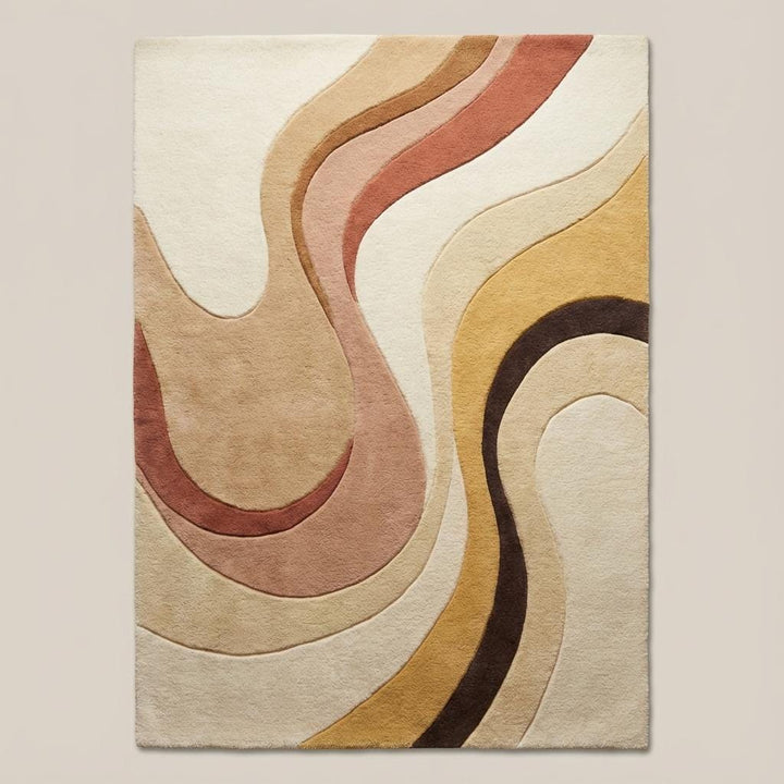 Translation missing: es.Top-down view of modern abstract area rug displaying full organic pattern, curved lines, earth tone color palette, and clean rectangular shape