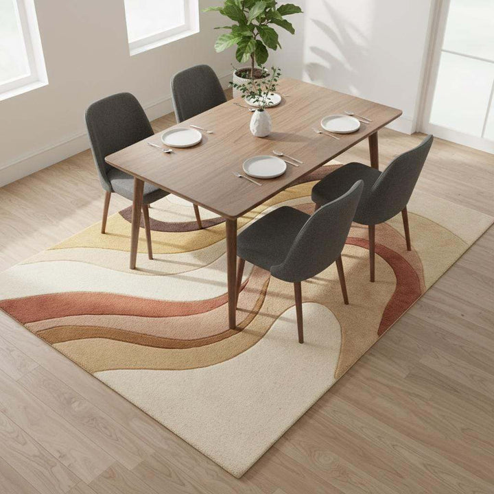 Translation missing: es.Soft abstract area rug styled in a nursery, emphasizing cozy plush texture, warm neutral tones, and family-friendly modern decor appeal