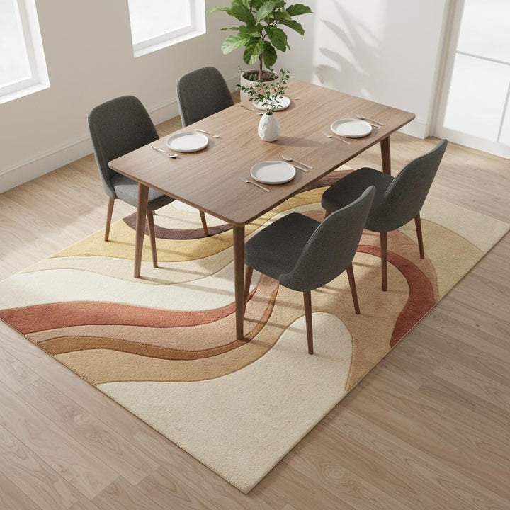 Translation missing: es.Soft abstract area rug styled in a nursery, emphasizing cozy plush texture, warm neutral tones, and family-friendly modern decor appeal