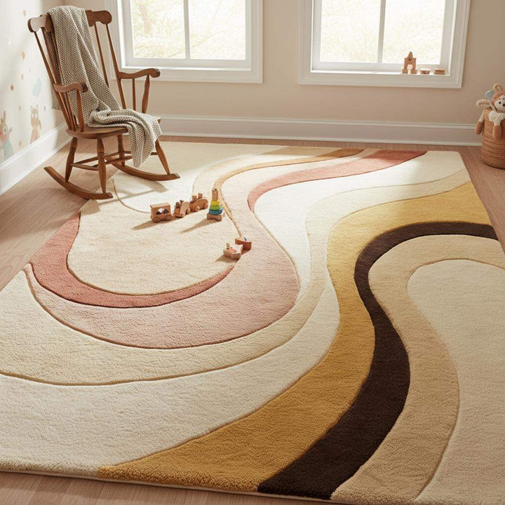 Translation missing: es.Abstract boho rug with plush soft pile and earth tone colors, featuring organic curved mid century design for cozy home decor