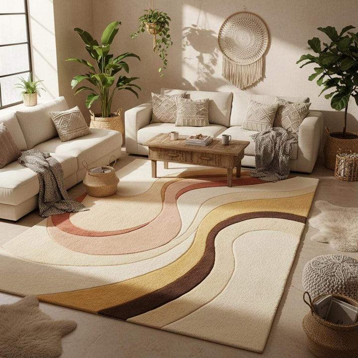 Translation missing: es.Modern living room rug styled beneath seating, highlighting neutral abstract design, cozy texture, and compatibility with mid century and boho home decor