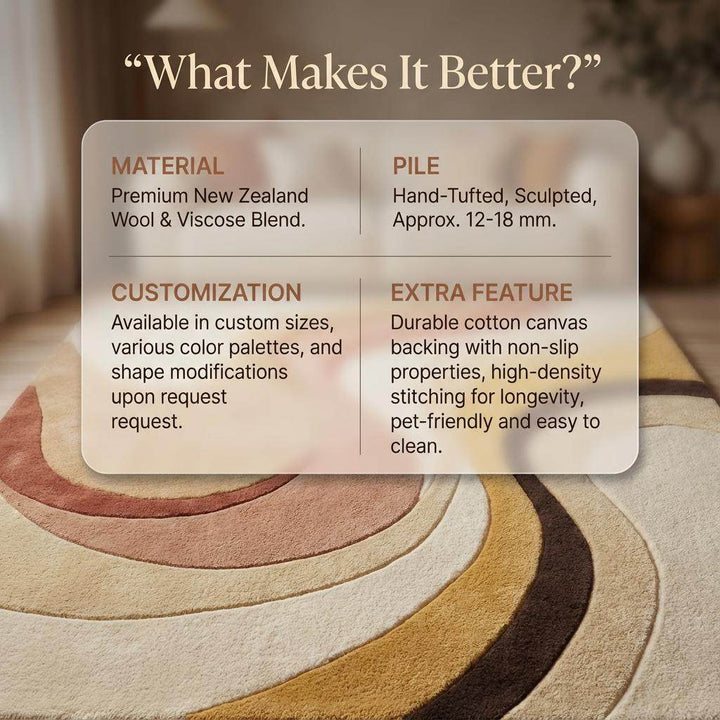 Translation missing: es.Rectangular abstract boho rug with warm earth tones and organic curved design, plush soft pile for cozy home decor
