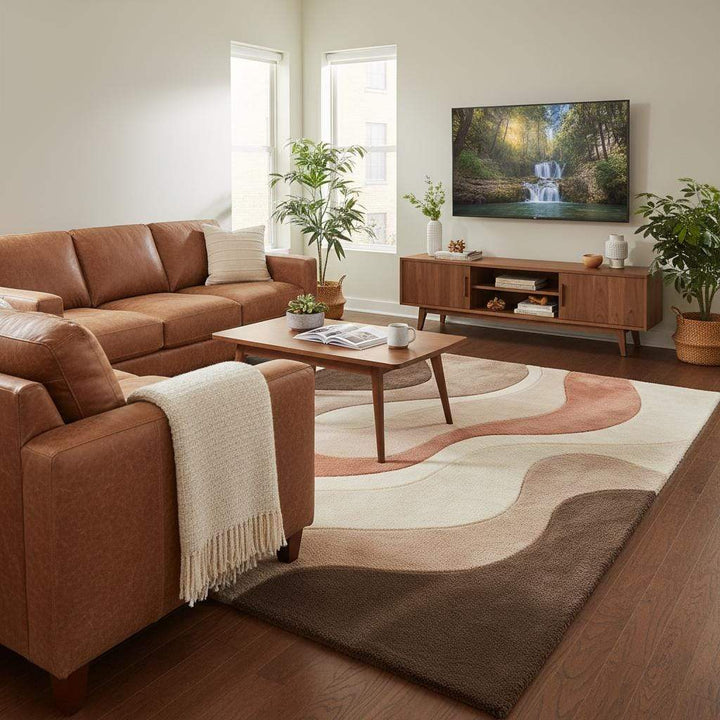 Translation missing: en.Detailed view of rug edge and pattern flow showing clean finish, smooth curves, and proportional design ideal for modern living room or bedroom décor