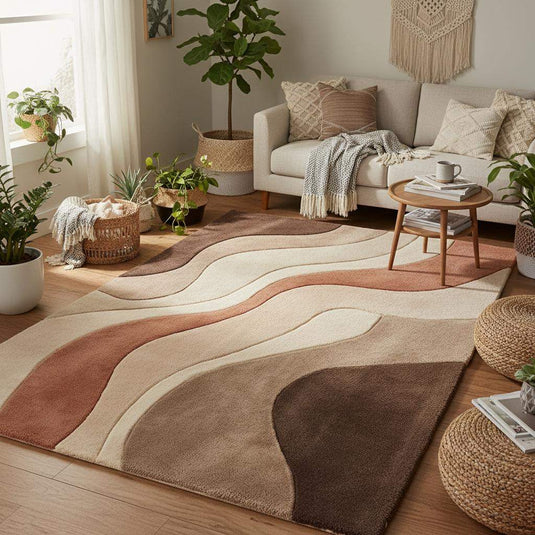 Translation missing: es.Modern living room styled with abstract neutral rug, warm wood flooring, minimalist furniture, and earth-tone décor creating a calm, Scandinavian-inspired home interior
