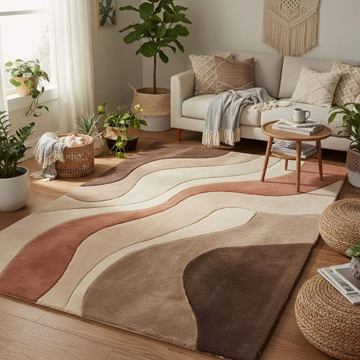 Translation missing: es.Modern living room styled with abstract neutral rug, warm wood flooring, minimalist furniture, and earth-tone décor creating a calm, Scandinavian-inspired home interior