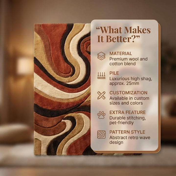 Translation missing: en.Mid Century Shag Rug with retro abstract swirl pattern in warm earth tones
